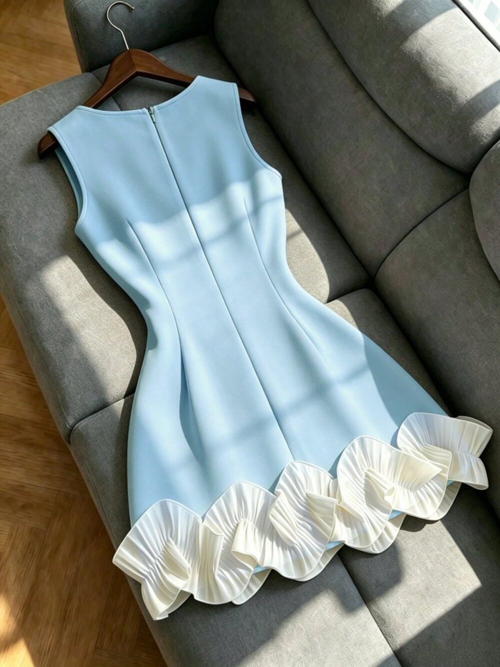 Blue Elegant Women's Patchwork Ruffle Hem Square Neck Sleeveless Dress - Picture 2 of 5